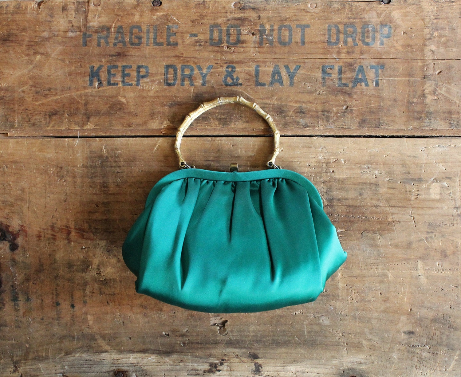 vintage satin purse - 60s evening bag - emerald green & gold - pouch purse - handbag