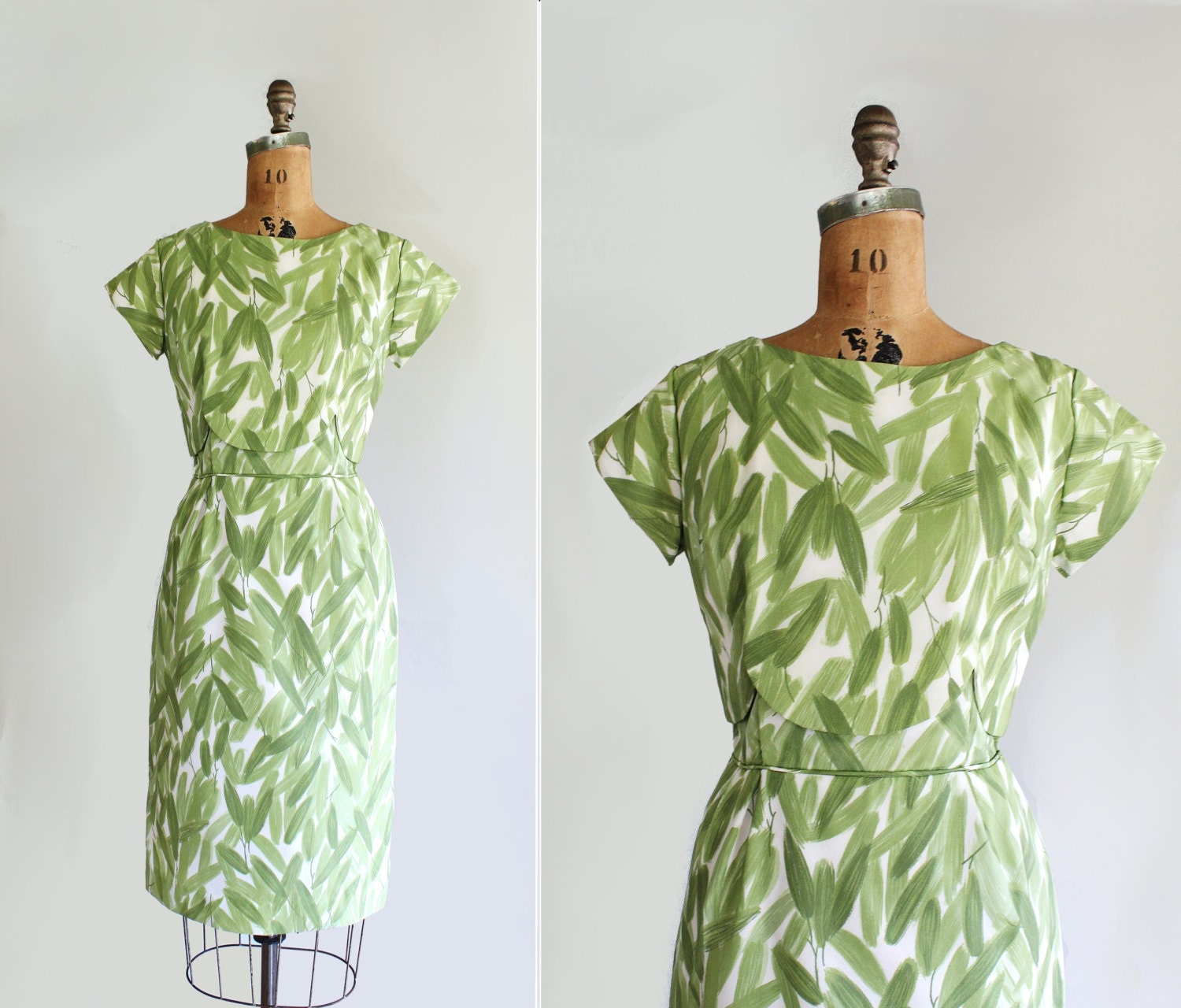 50s 60s dress - vintage wiggle dress - sheath dress - green & white - leaf pattern - Medium
