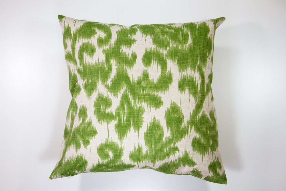 Two 18x18 Throw pillow covers with green ikat print on beige base cotton fabric with a linen feel and invisible zipper.