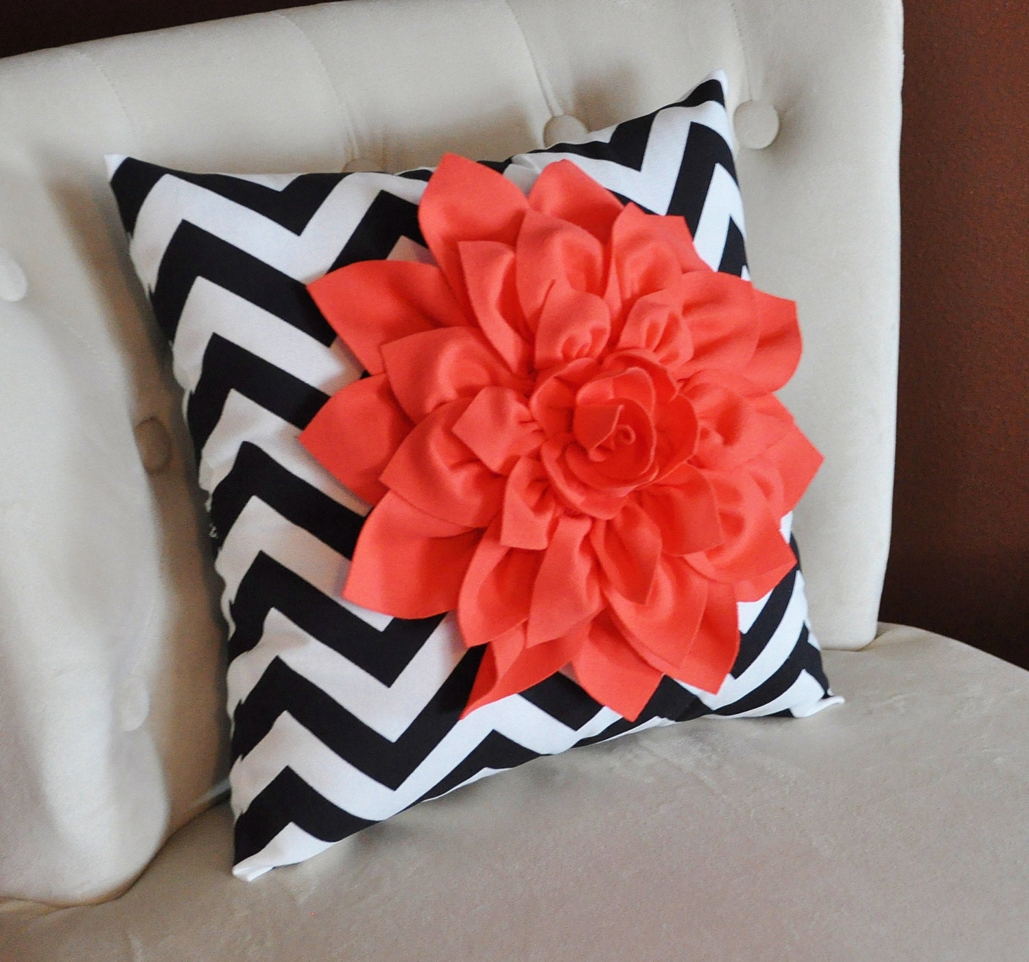 Coral Dahlia on Black and White Zigzag Pillow -Chevron Pillow-