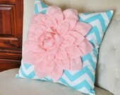 Light Pink Dahlia on Aqua and White Zigzag Pillow -Decorative Chevron Pillow-