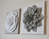 TWO Wall Flowers -Gray Dahlia on White and White Rose on Gray- 12 x12" Canvas Wall Art- Baby Nursery Wall Decor-