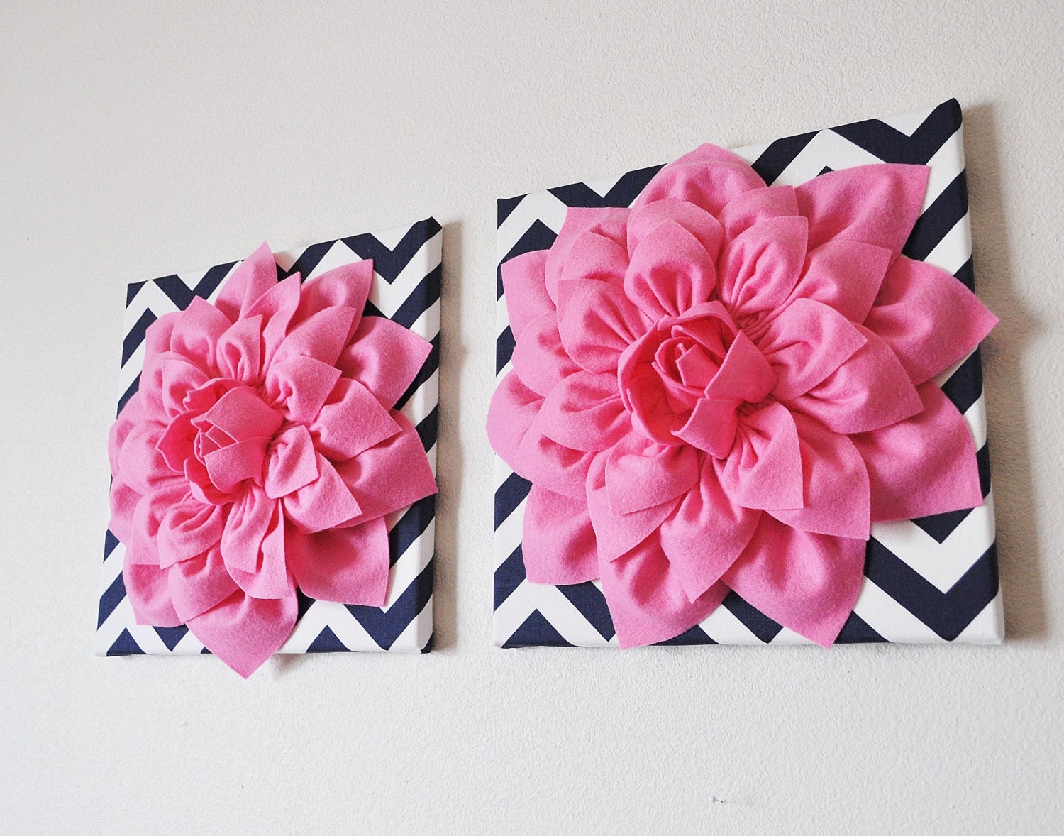 TWO Wall Flowers -Pink Dahlia on Navy and White Chevron 12 x12" Canvas Wall Art- 3D Felt Flower