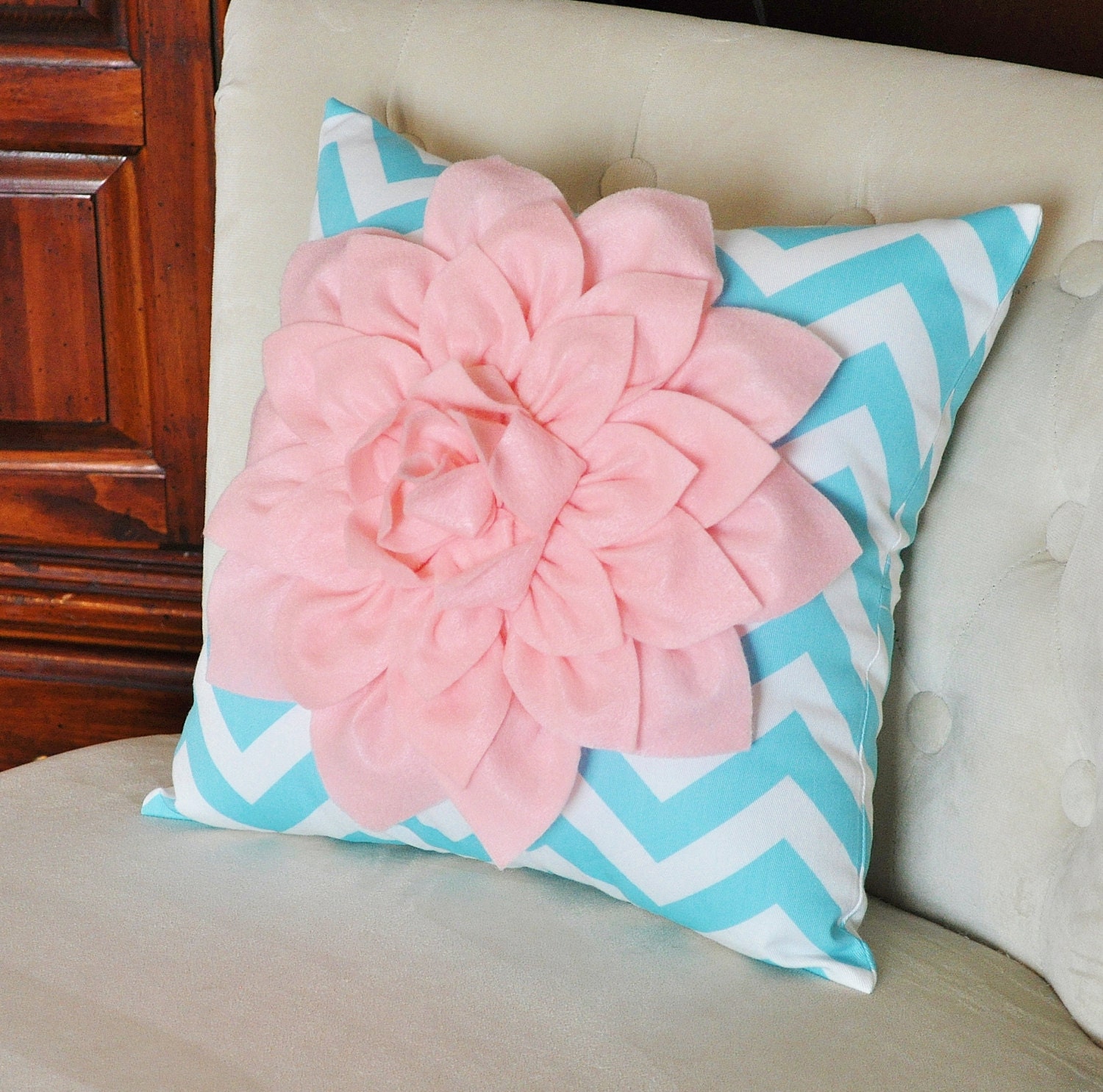 Light Pink Dahlia on Aqua and White Zigzag Pillow -Decorative Chevron Pillow-