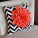 Coral Dahlia on Black and White Zigzag Pillow -Chevron Pillow-