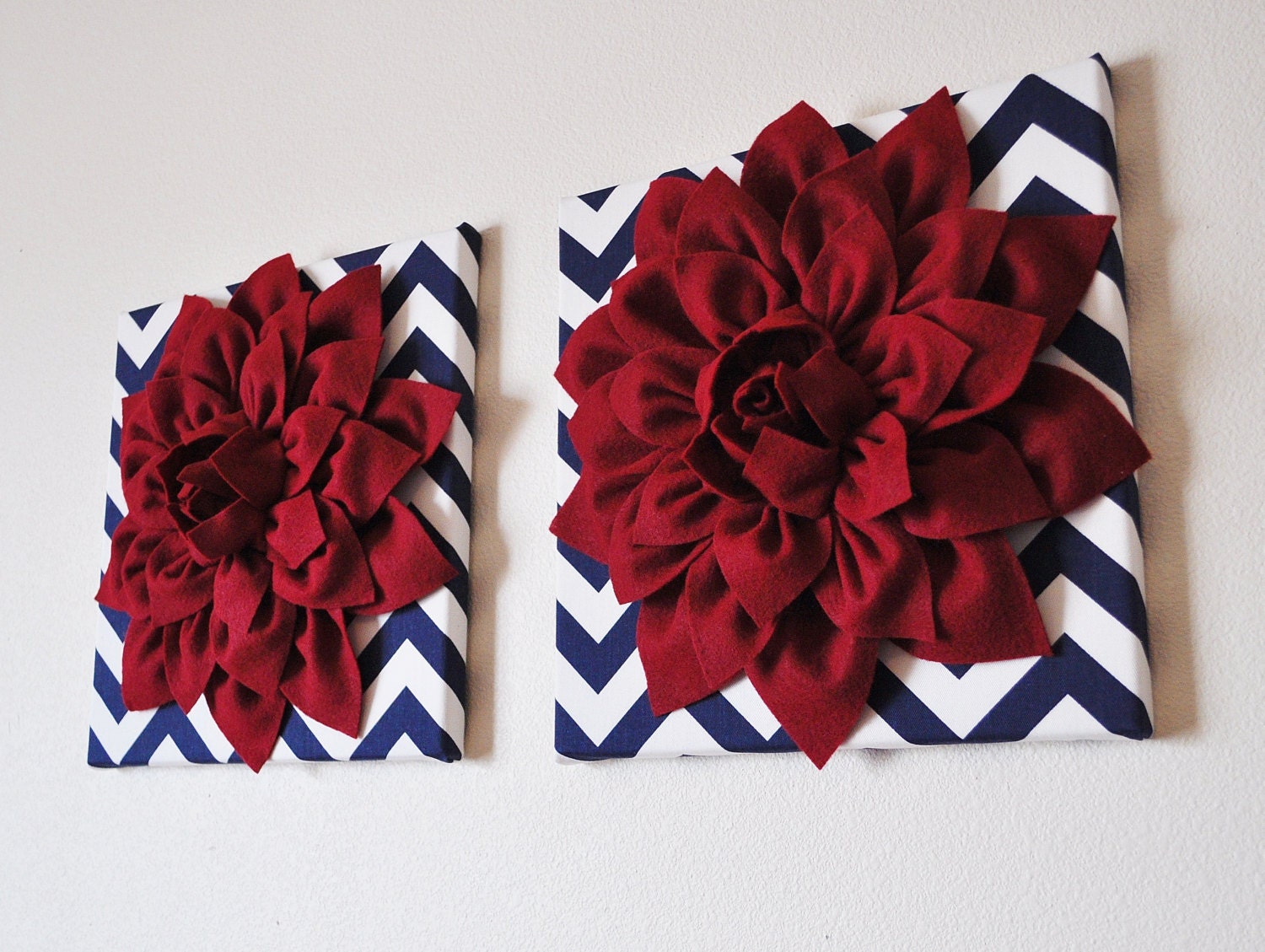 TWO Wall Flowers -Cranberry Red Dahlia on Navy and White Chevron 12 x12" Canvas Wall Art- 3D Felt Flower