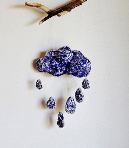 Cloud and raindrops handmade ceramic mobile