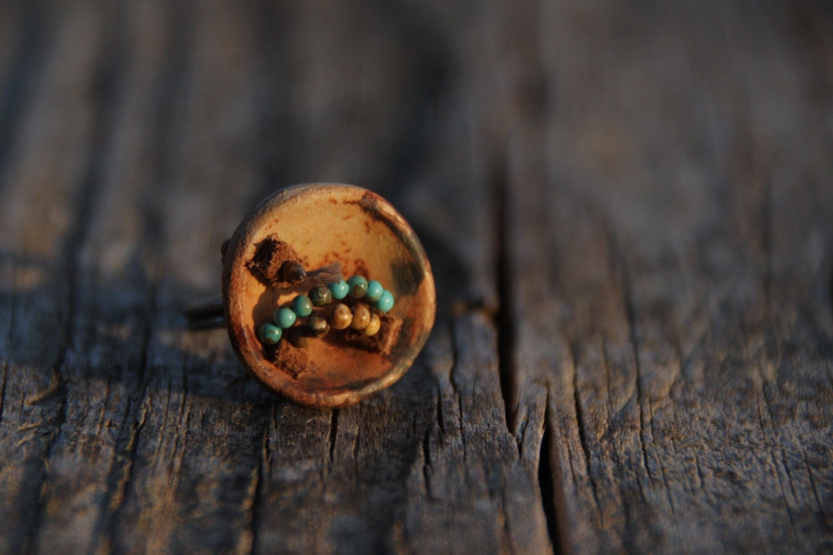 Raised from ashes - pit fired ceramic ring - tribal inspired
