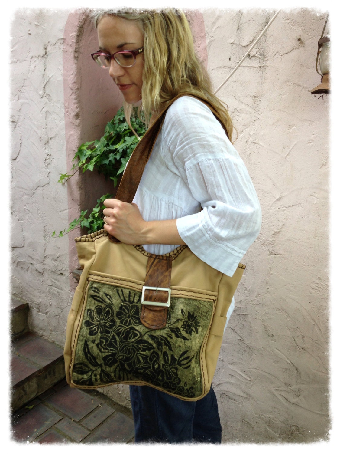 Spring Green Wildflower Leather Tote