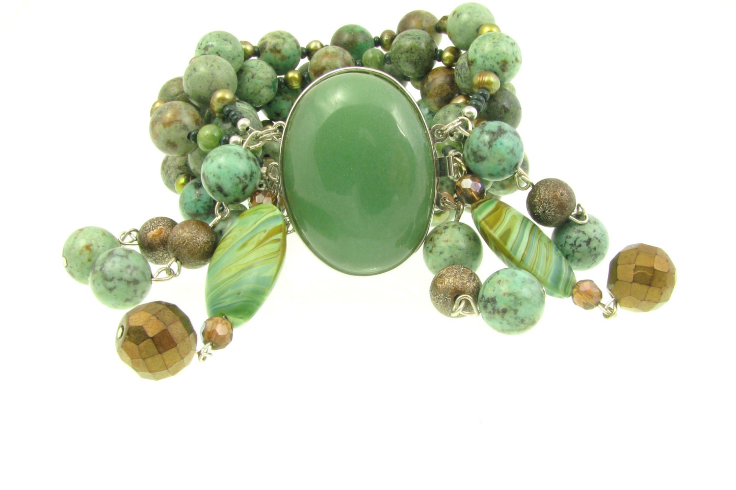 Handmade Cuff Bracelet - Unique Handmade Jewelry - Aventurine Stone  - Turquoise Stones - Fresh Water Pearl- Green, Amber, Brown