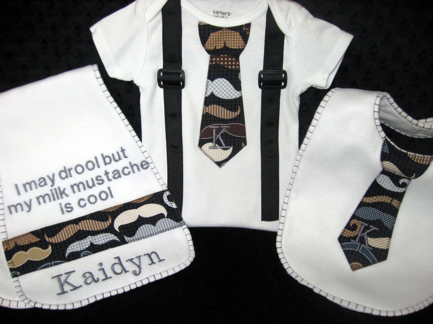Onesie Bib Burp Cloth Wipes Case Baby Boy Mustaches Personalized Monogrammed