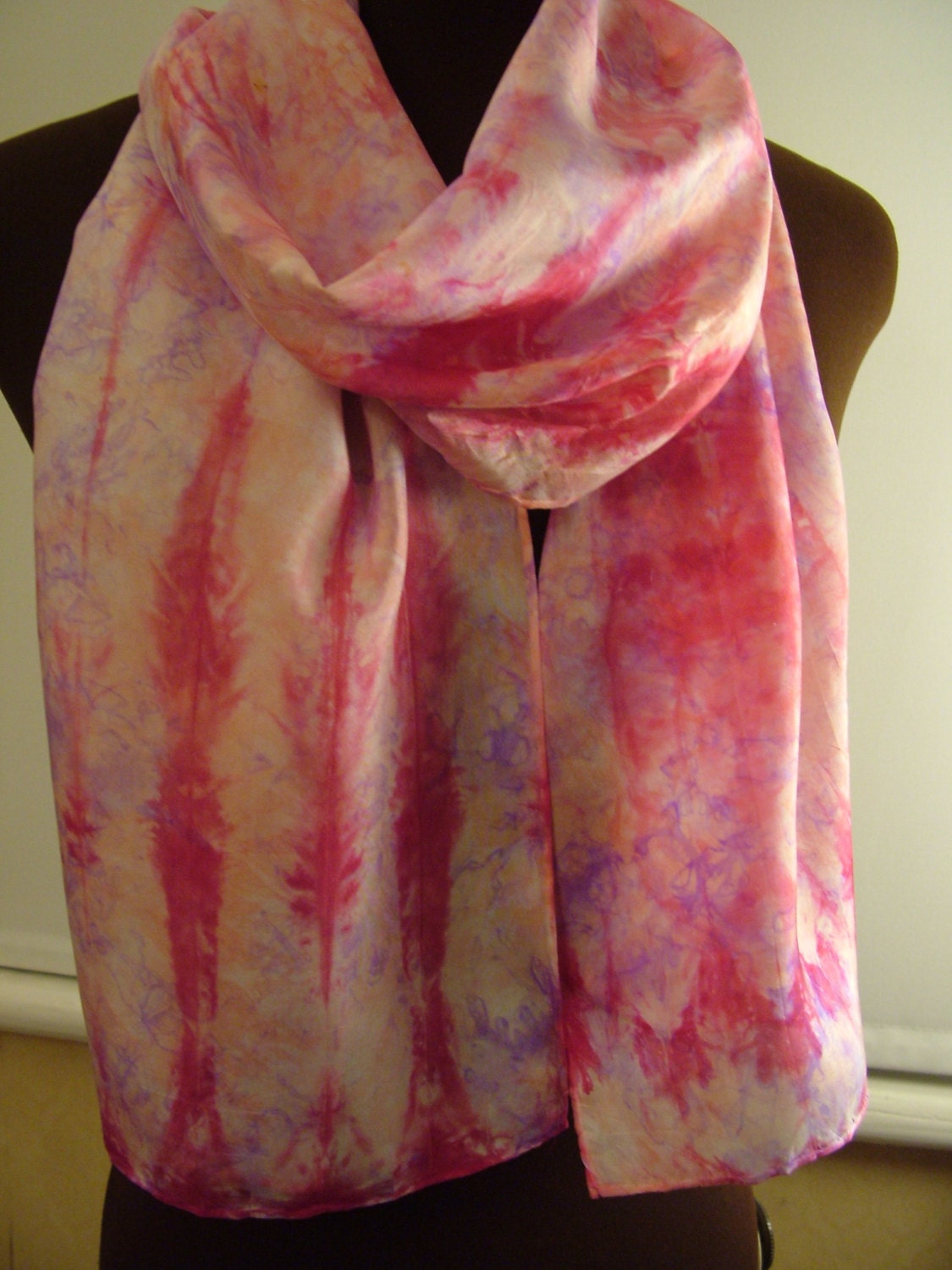 Pink Fuchsia Lilac Silk Shibori Hand Painted OOAK Scarf