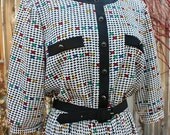 80s Day Dress Houndstooth Multicolored Border Print Vintage Retro 1980s Office Conservative Hipster Belted Shirtwaist Pleated Size Medium