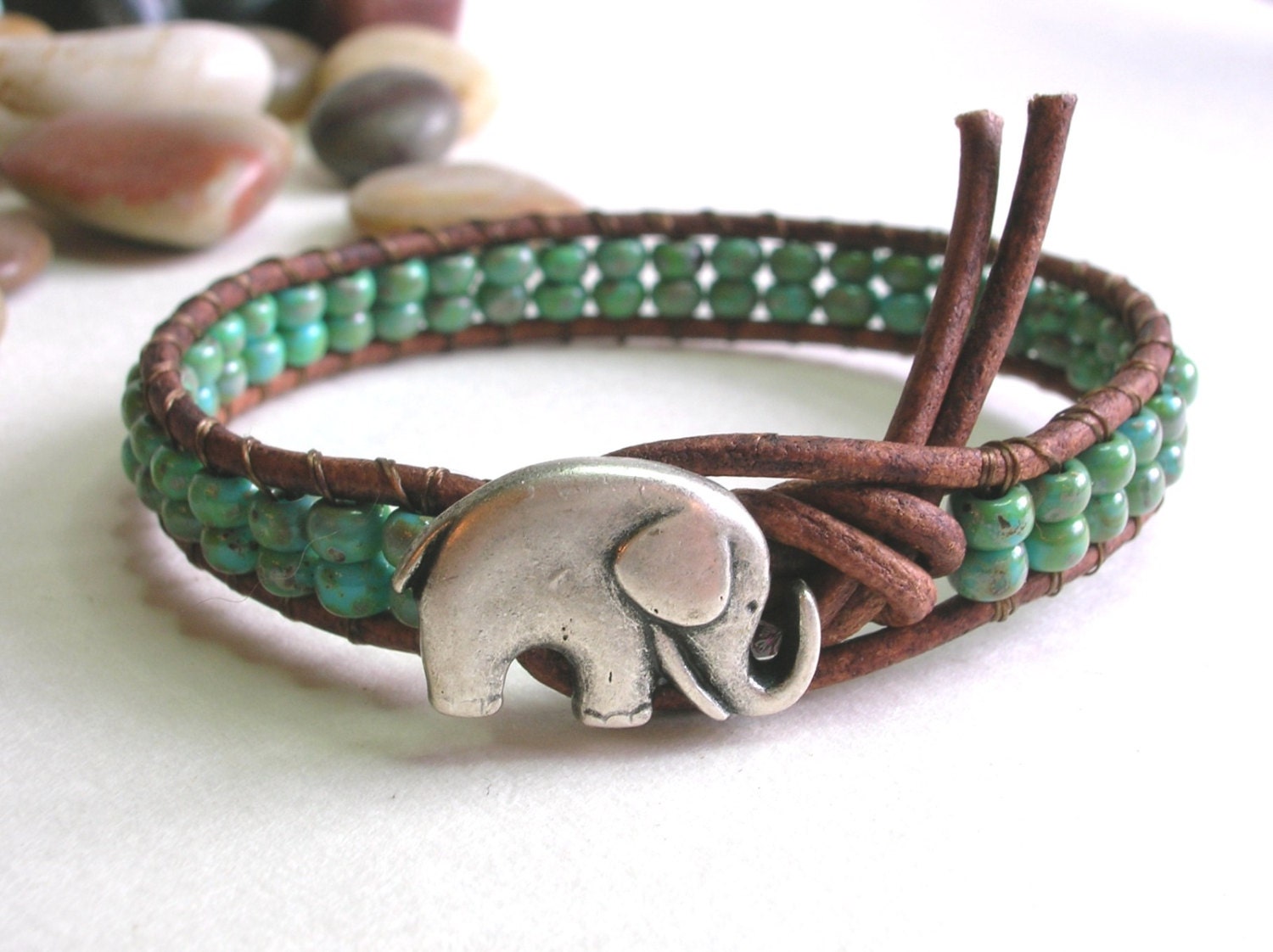 Turquoise Elephant Bracelet - Lucky Girl - Boho chic leather wrap bracelet, Bohemian jewelry, lucky charm, rustic