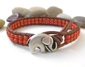 Terracotta Elephant Bracelet - Lucky Girl beaded leather wrap bracelet, boho chic friendship bracelet, stackable Bohemian jewelry, good luck
