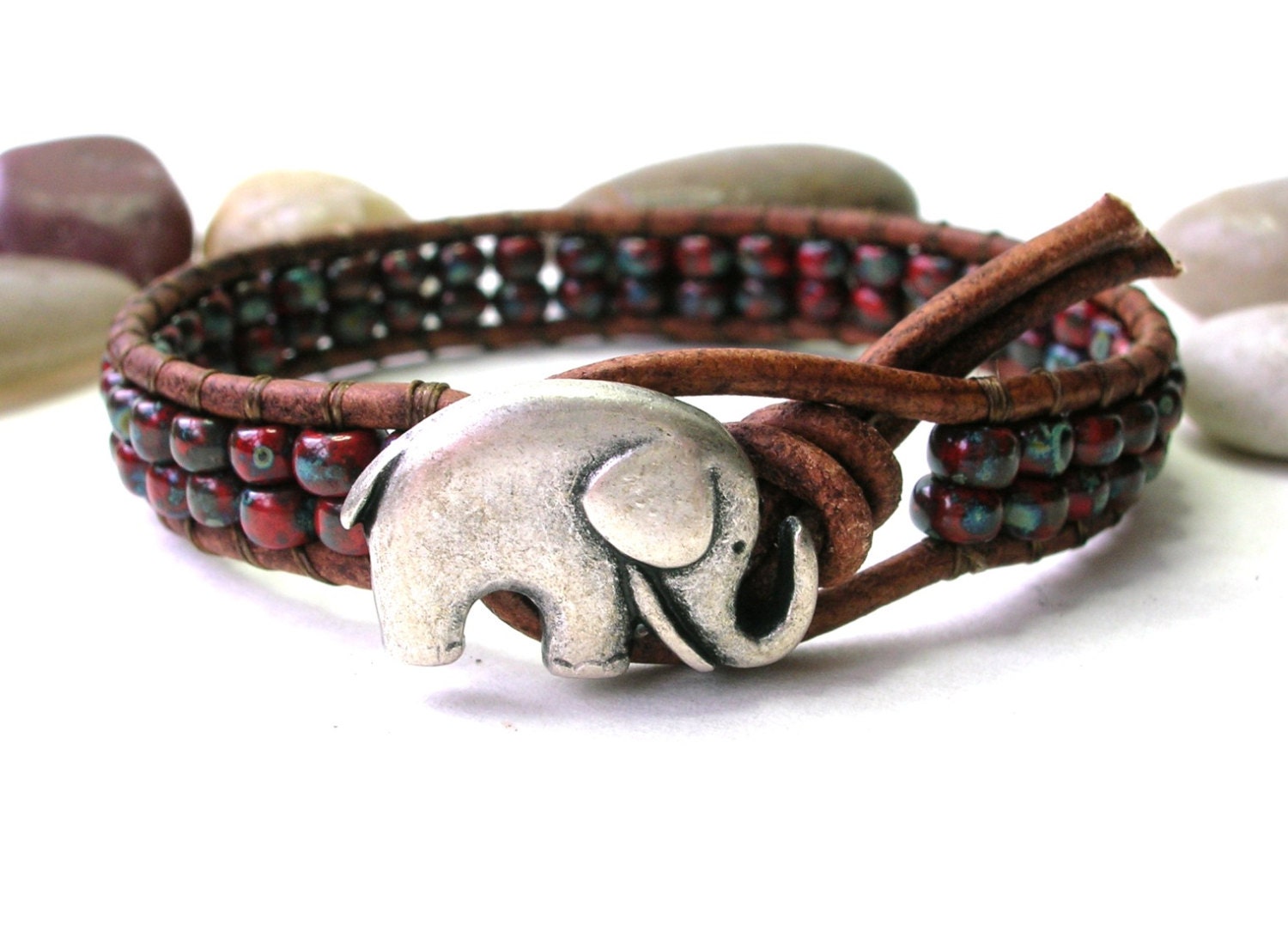 Boho Leather wrap bracelet Elephant Bracelet - Lucky Girl - Rustic Red Bohemian jewelry, good luck charm, rustic