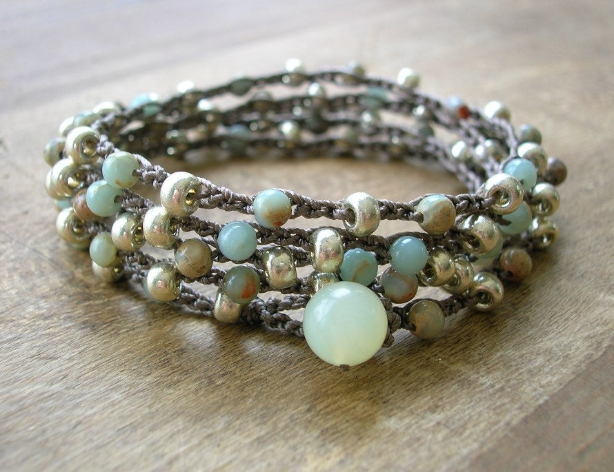 Bohemian beaded wrap bracelet - Driftwood - Boho crocheted jewelry, long necklace, aqua terra jasper, silver, aqua