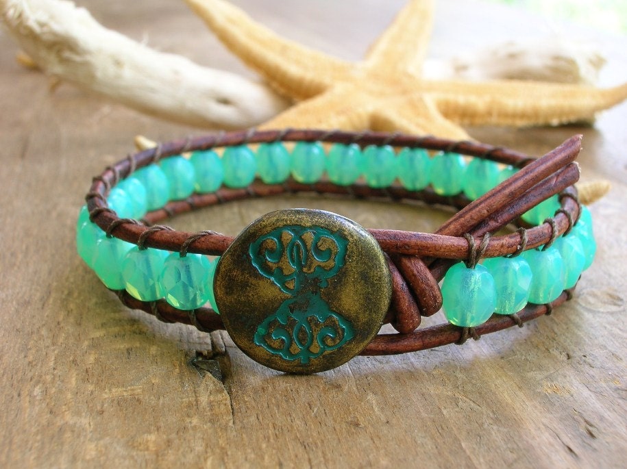 Beachy leather wrap bracelet - Blue Water - boho bohemian jewelry, beach jewelry, opal glass beads, surfer girl