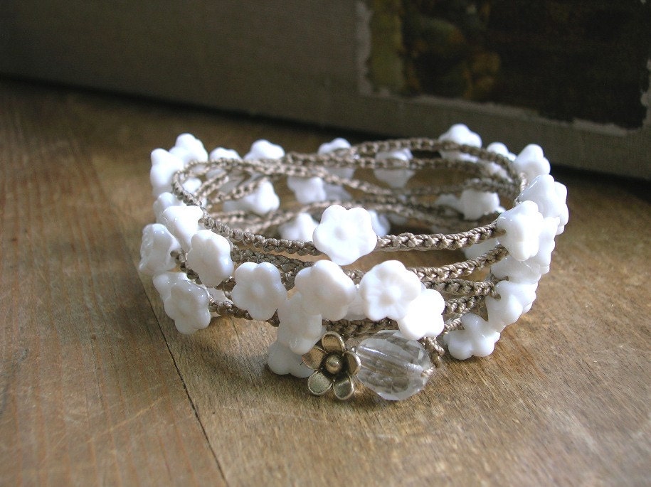 Romantic crochet wrap bracelet, Babys Breath, Bohemian wedding jewelry, flowers, bridal, boho country, barn wedding silver charm, white