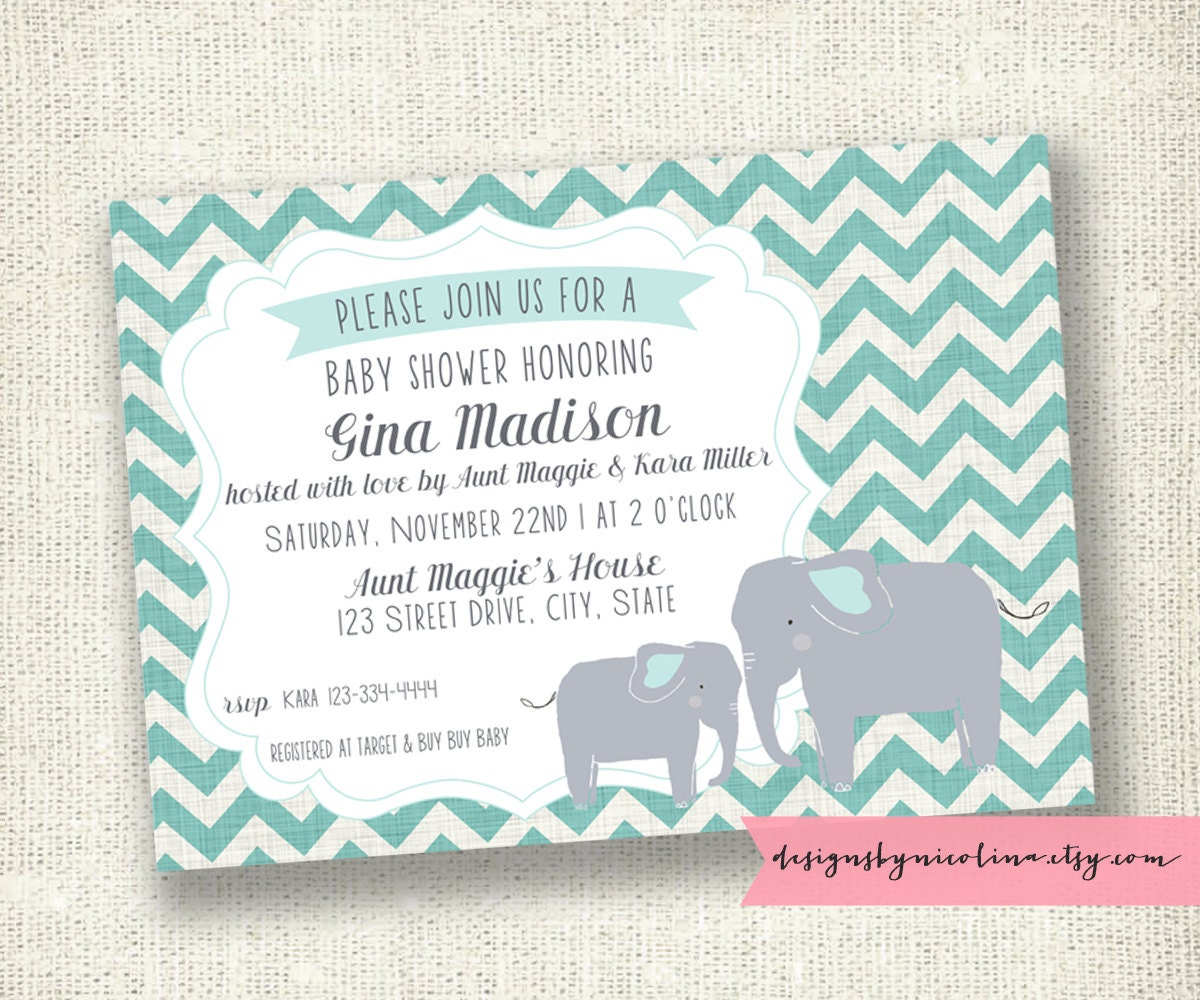 Chevron Baby Boy Teal Elephant - Vintage Banner - Baby Shower or Sprinkle - PRINTABLE Invitations