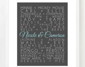 DISNEY COUPLES - Custom Designed Wall Art - Disney Couples with your names added in - 8x10 or 11x14