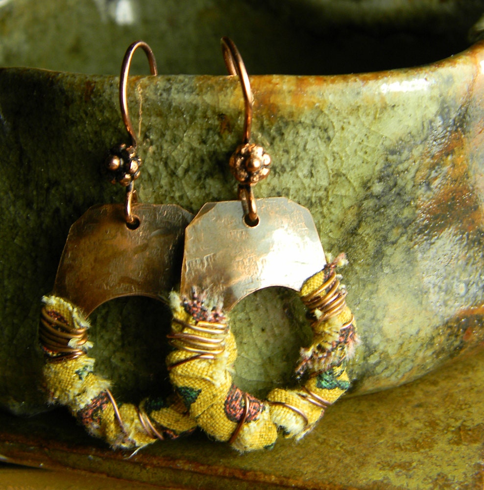 Hand Forged Copper Hoop Earrings Wrapped with Yellow Cotton