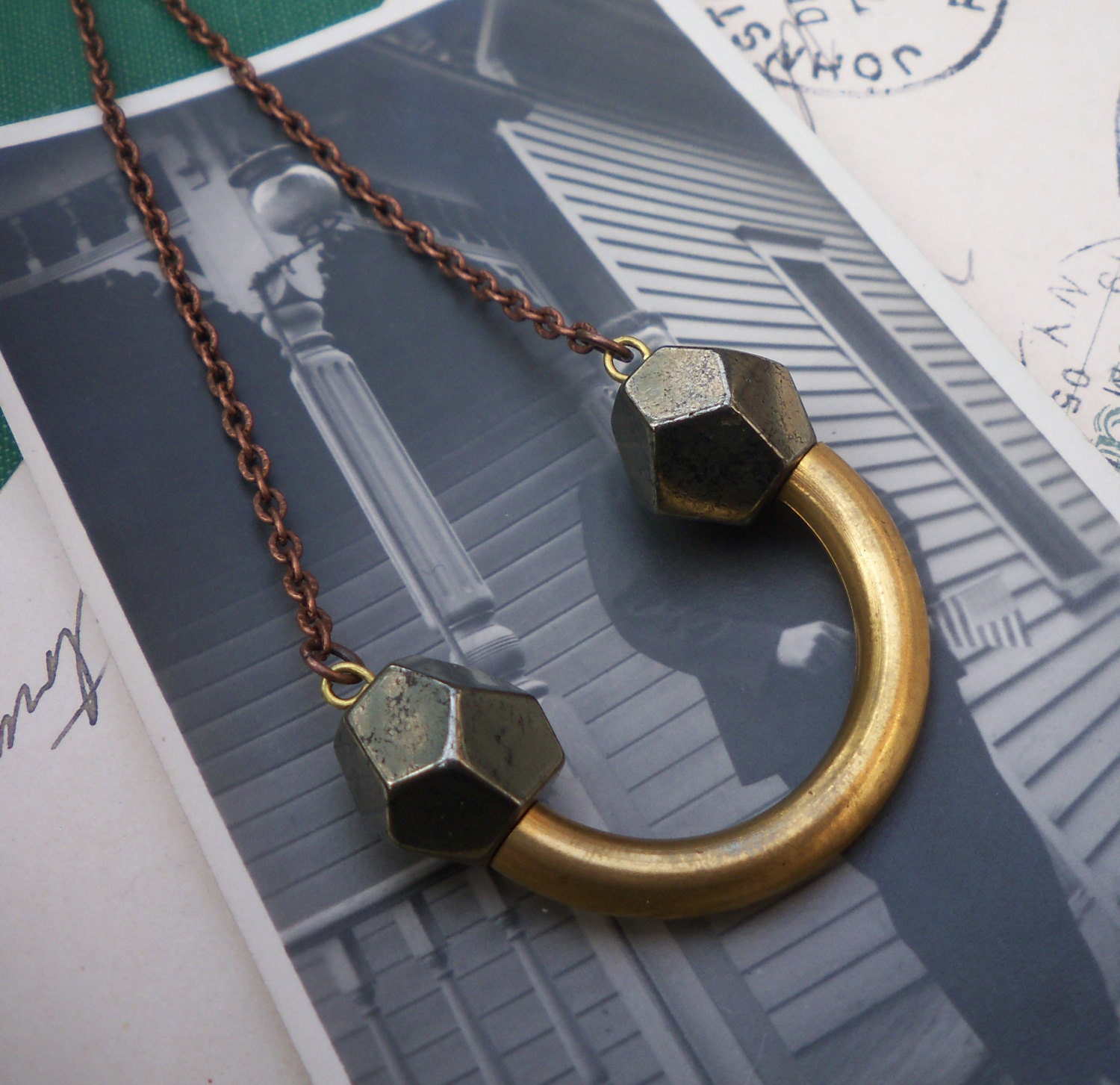 geometric necklace / pyrite jewelry / brass necklace / PYRITE & BRASS CURVE