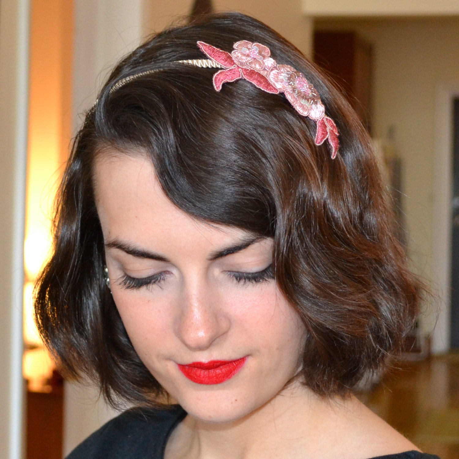 Beaded Headband, Pink, Mulberry, and Tan  Embroidered Beaded Flower Headband for Women and Teens by Jill's Boutique on Etsy