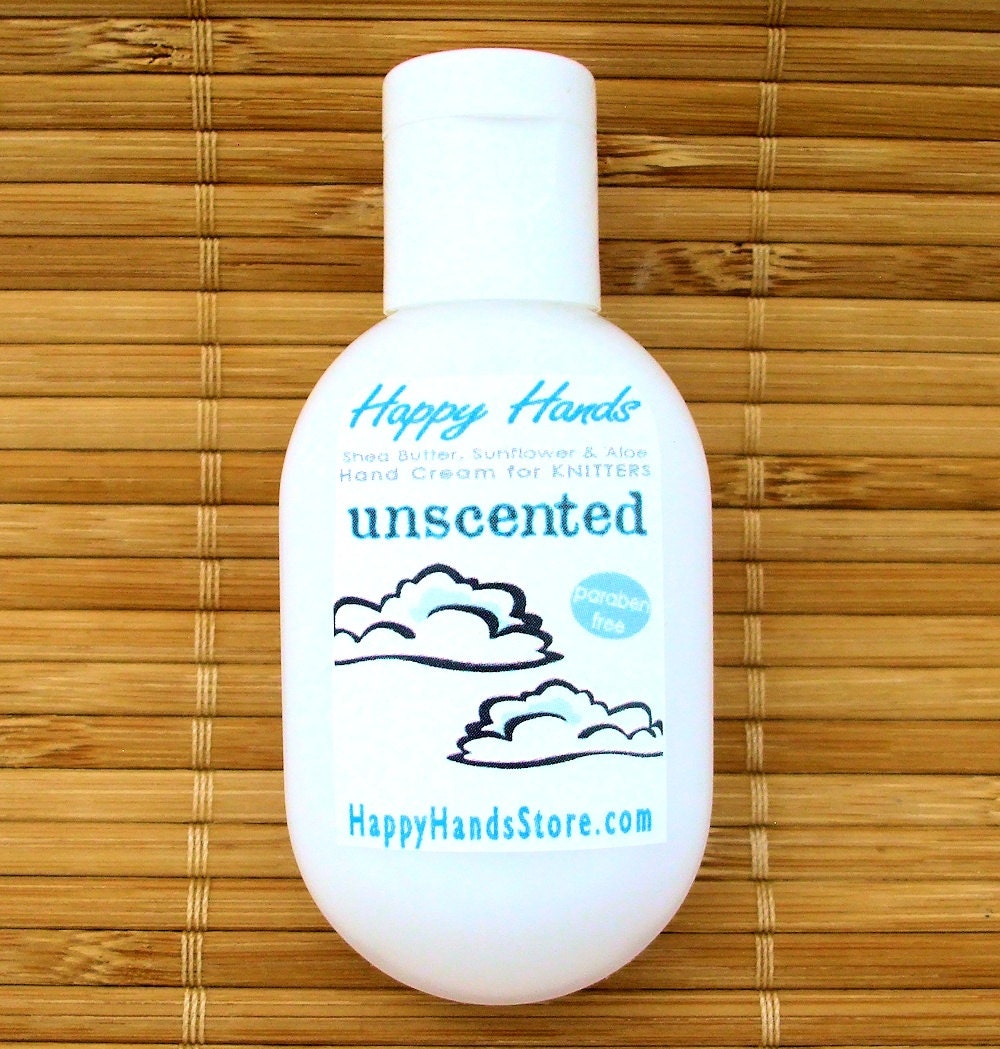 Unscented Hand Cream for Knitters Refillable 1oz Tottle HAPPY HANDS Shea Butter Fragrance-Free Hand Lotion