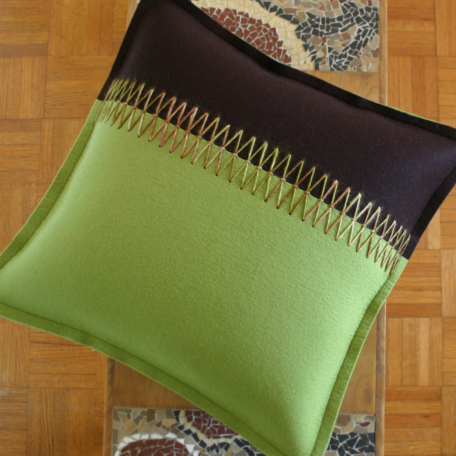 Felt  Decorative Pillow in Green and Brown Merino Wool with Wool Embroidery