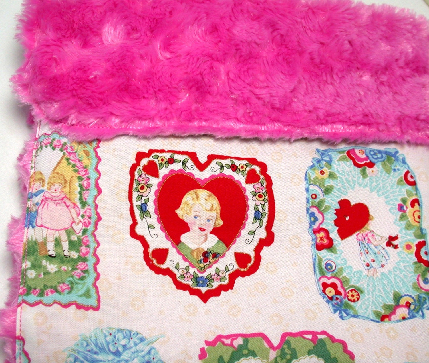 Valentine Baby Toddler Lovey Blanket in Cotton and Pink Rosebud Minky