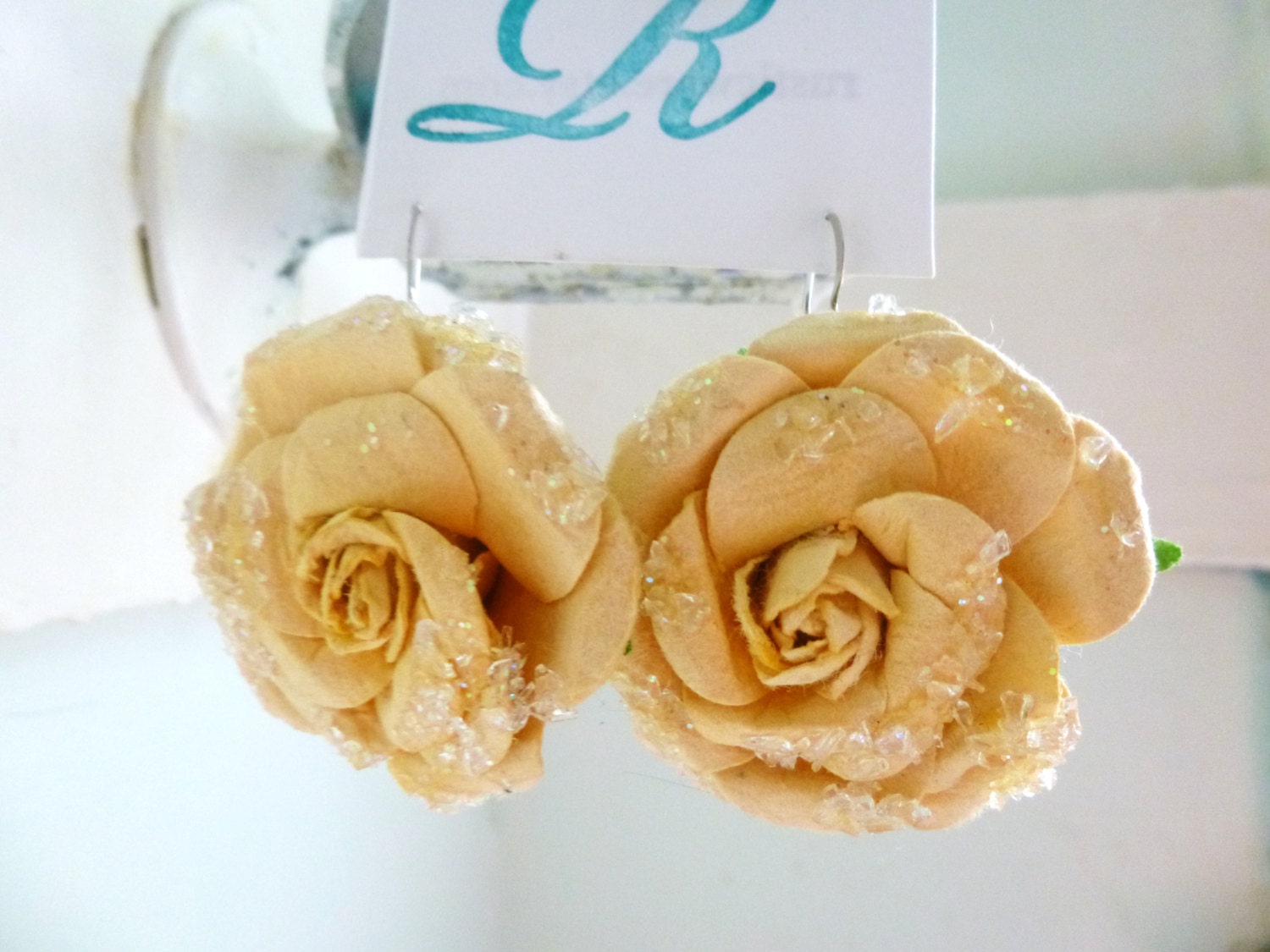 Peach Glitter Paper Flower Earrings