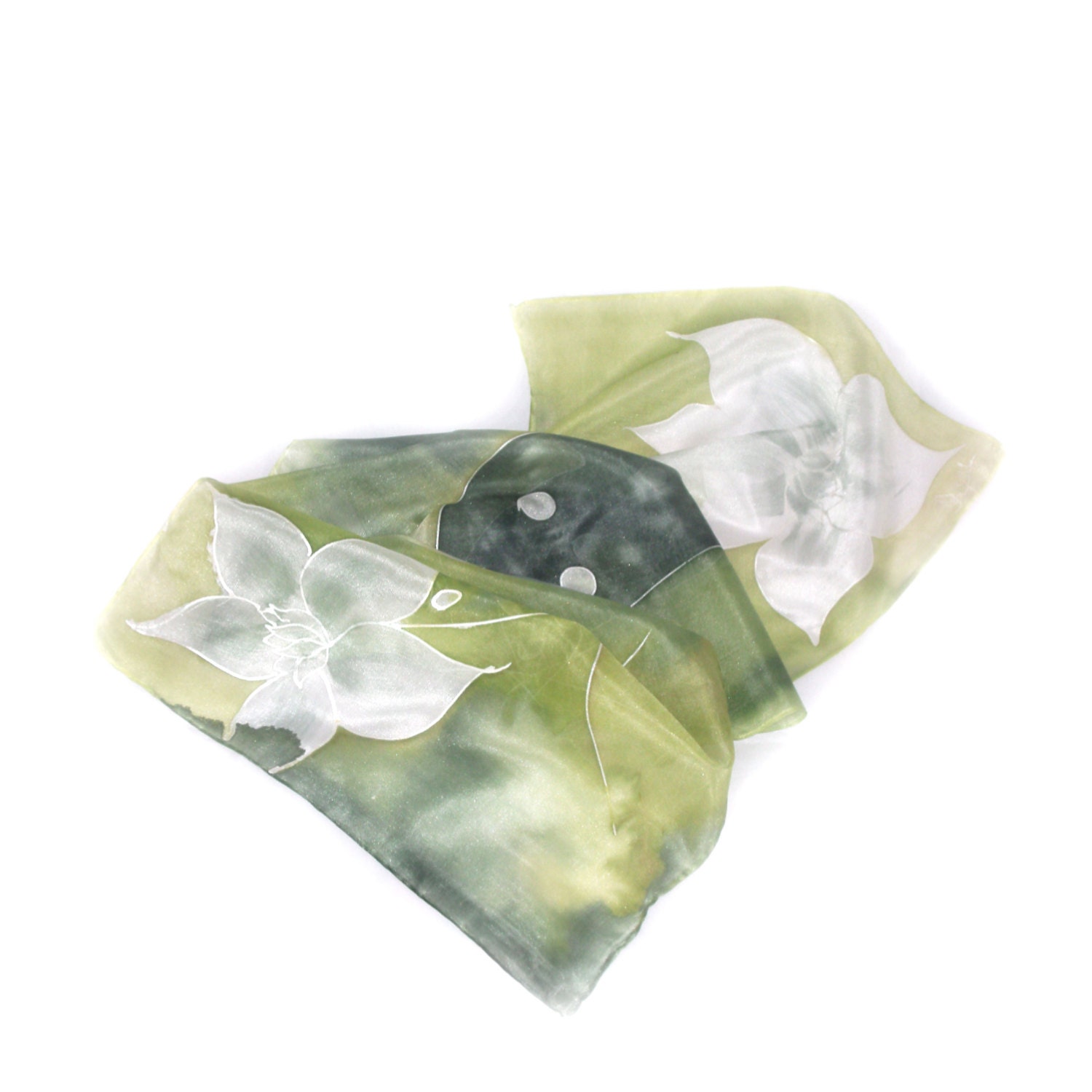 Hand Painted Short Silk Scarf, Floral, White Flowers, Emerald, Grass Green