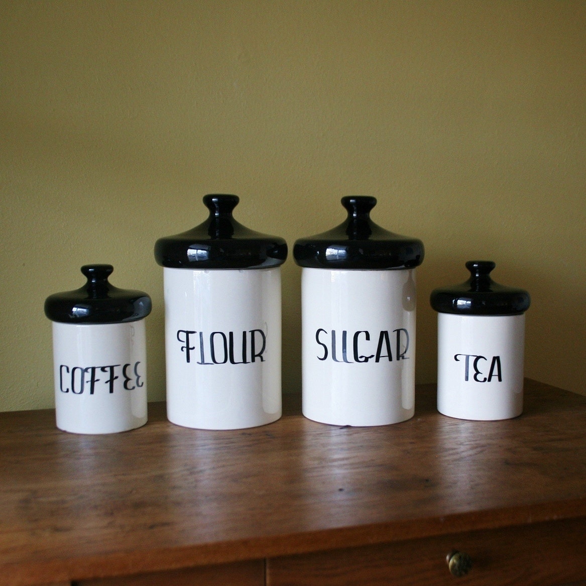 Vintage Black and White Ceramic Canister Set Holiday by sariloaf