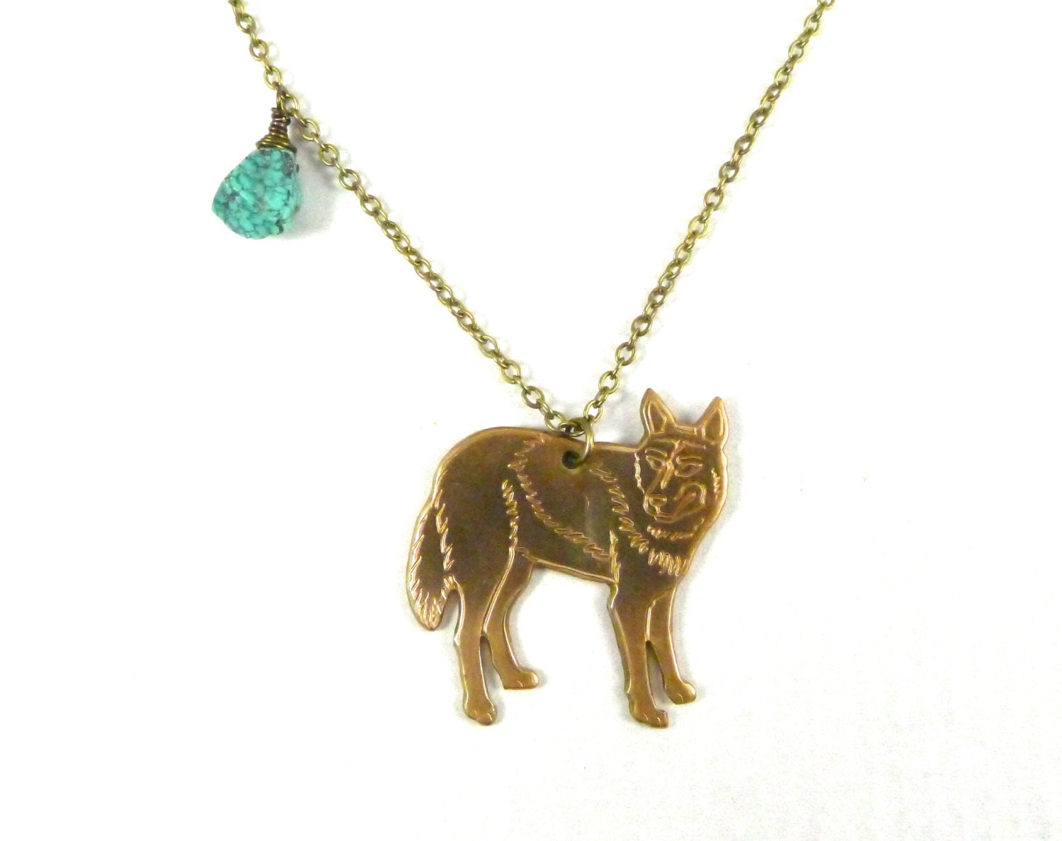 The Lone Wolf Necklace, Golden Brass Wolf with Wire Wrapped Turquoise Nugget, Handmade Jewelry