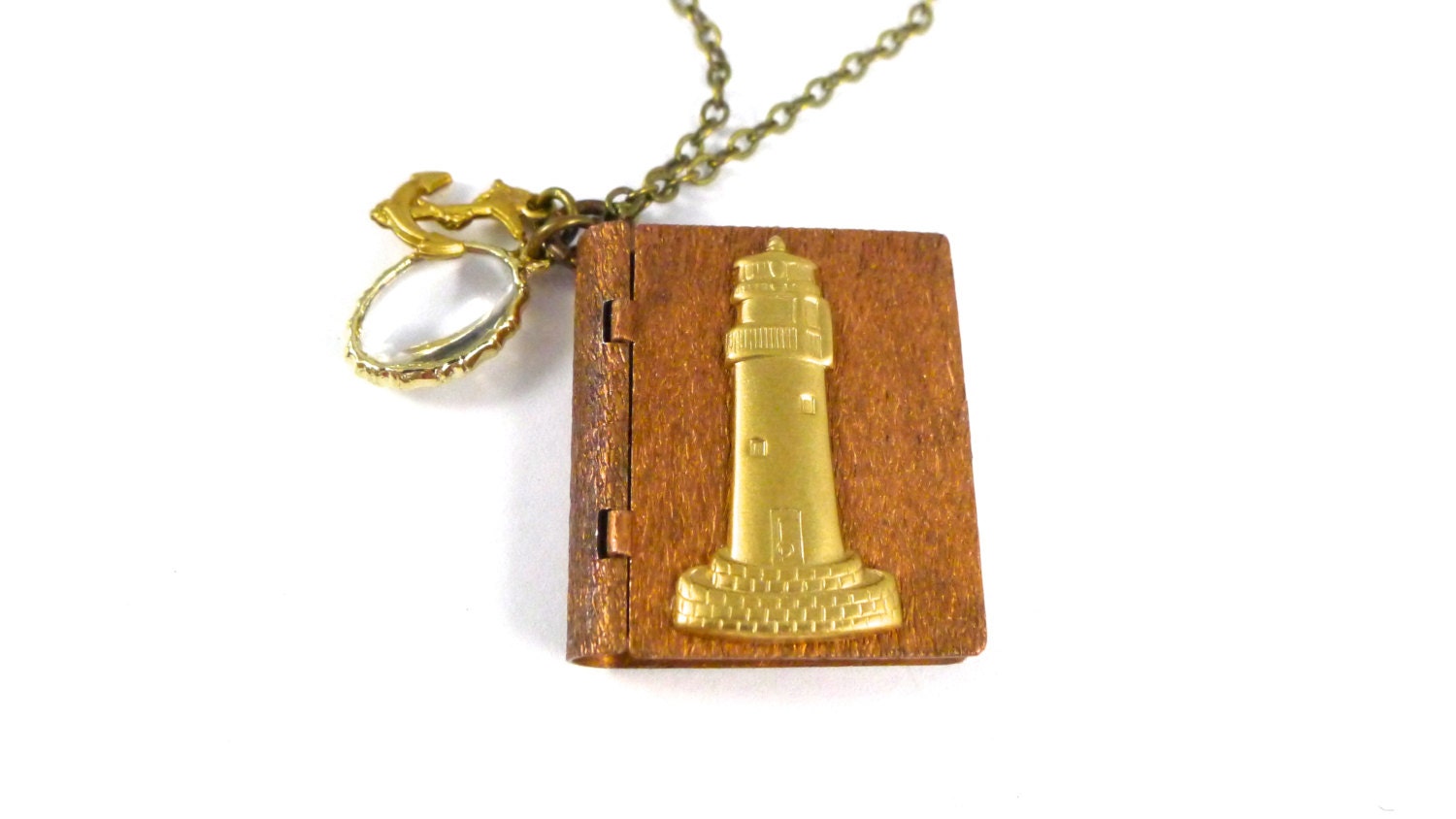 Lighthouse Book Necklace, Nautical Jewelry, Vintage Copper Journal Box, Long Chain with Anchor Charm