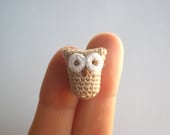 Crochet Owl Brooch - Tiny Amigurumi Owl Pin - Fiber Animal Brooch - Tan, Brown and White