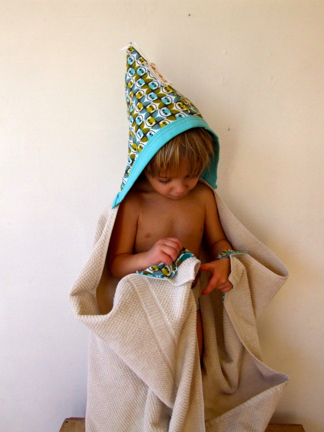 Blue and Green Organic Hooded Owl Towel for Babies Who Will Grow into Kids