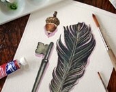 Watercolor Crow Feather, Key, Acorn "The Crow's Secret" - Original Watercolor