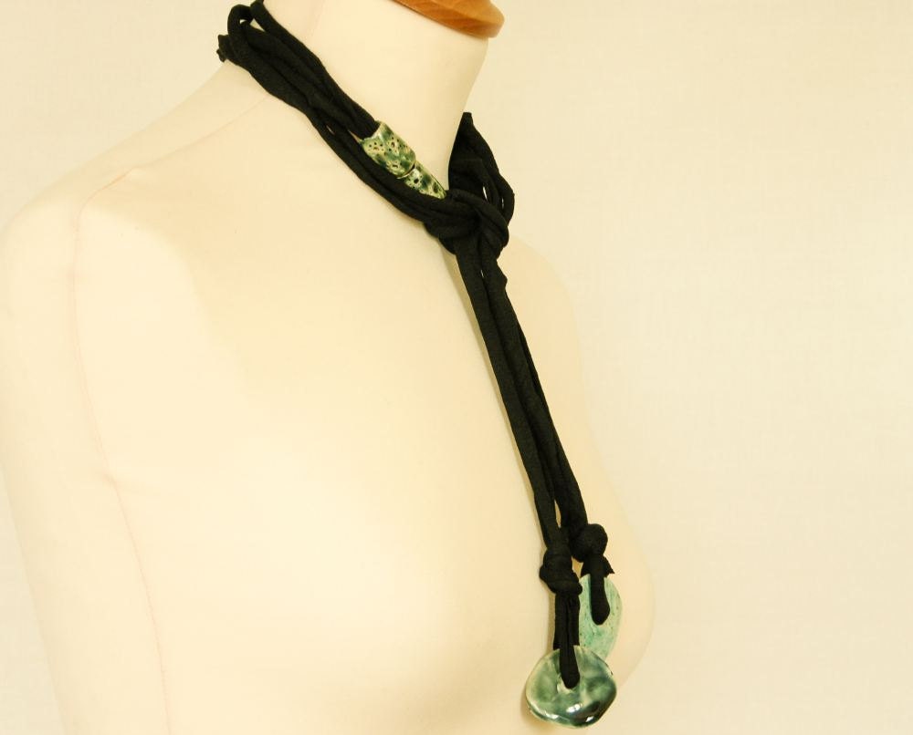 Skinny scarf lariat necklace scarf necklace cotton jersey ceramic long black teal blue aqua vegan upcycled recycled
