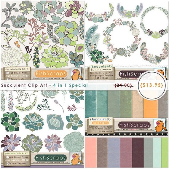 Succulent Flowers - Digital Paper & Clip Art - Special Offer - Sale (4 in 1) Graphics Pack - Purple - Teal Il_570xn