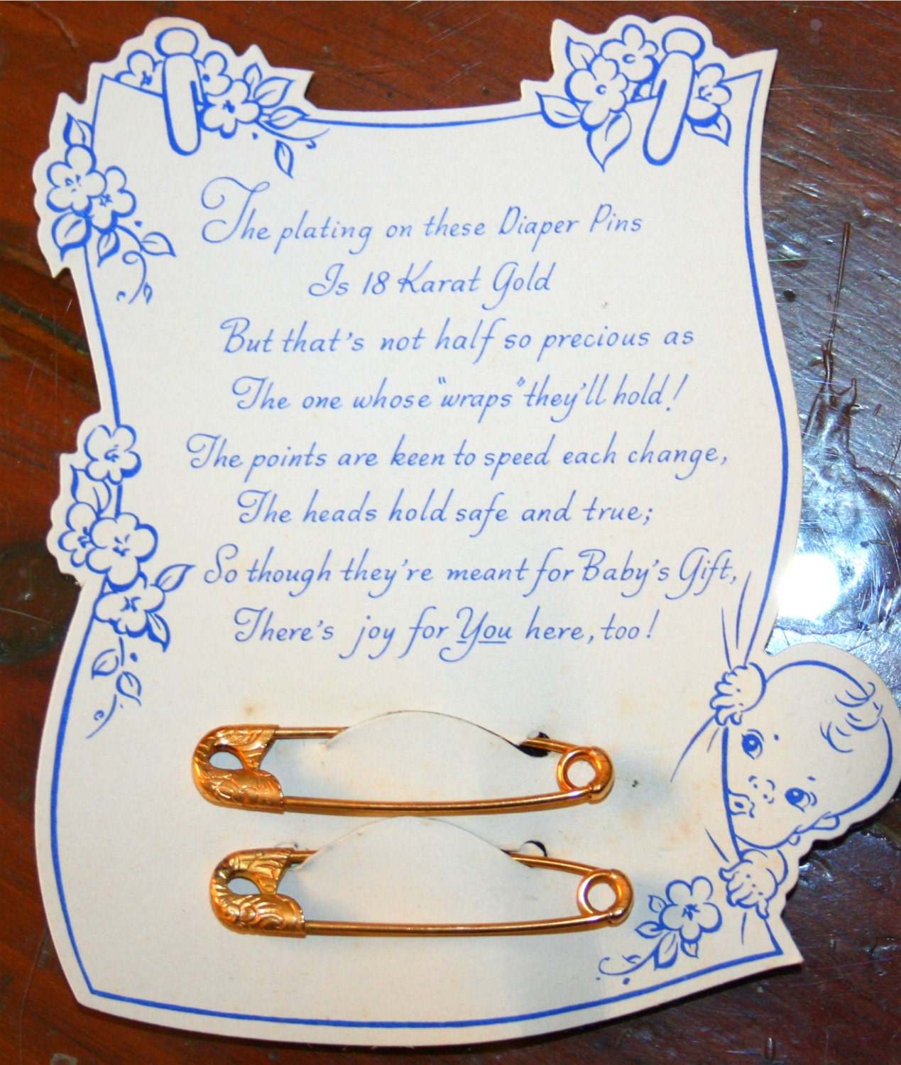 Antique 18k Karat GOLD plated Embossed Diaper Pins Original Gift Display card for Baby Shower