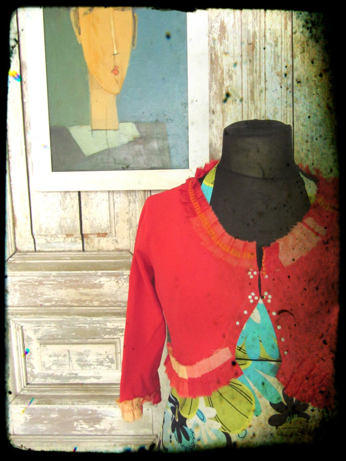 Cropped Shrug Cardigan Sweater in Coral / Upcycled Sweater / Women Tops Sweater / Boho Chic Tattered Clothing by Garage Couture