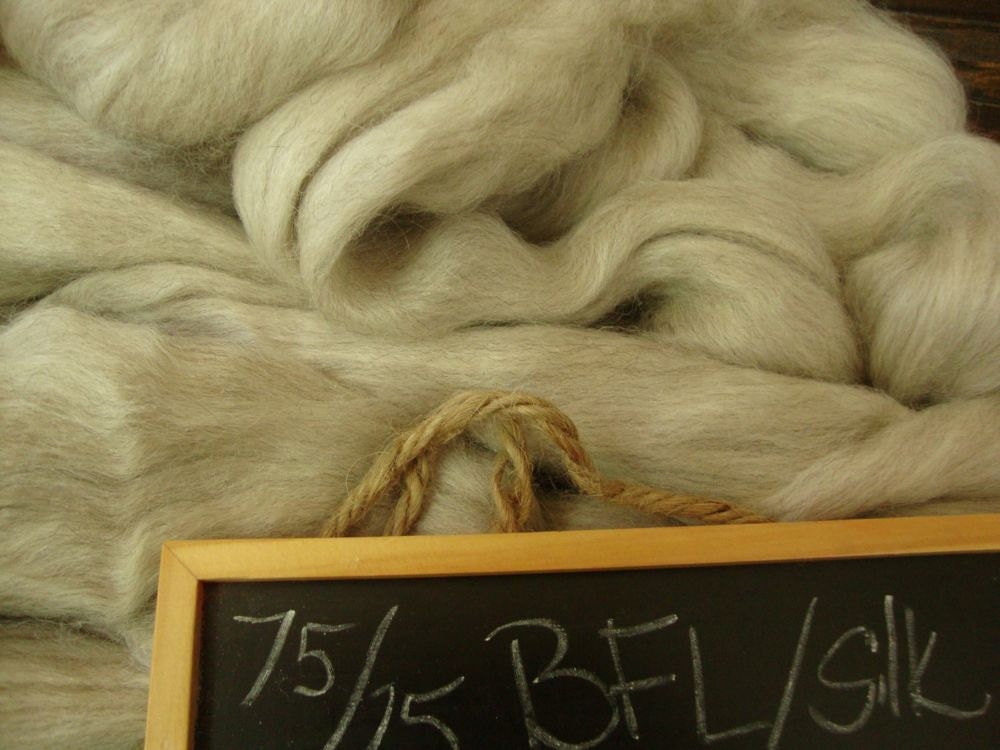 BFL Tussah silk roving, by the ounce, mixed natural black and white, undyed