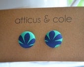 Medium Fabric Cover Button Earrings Navy & Teal Posts