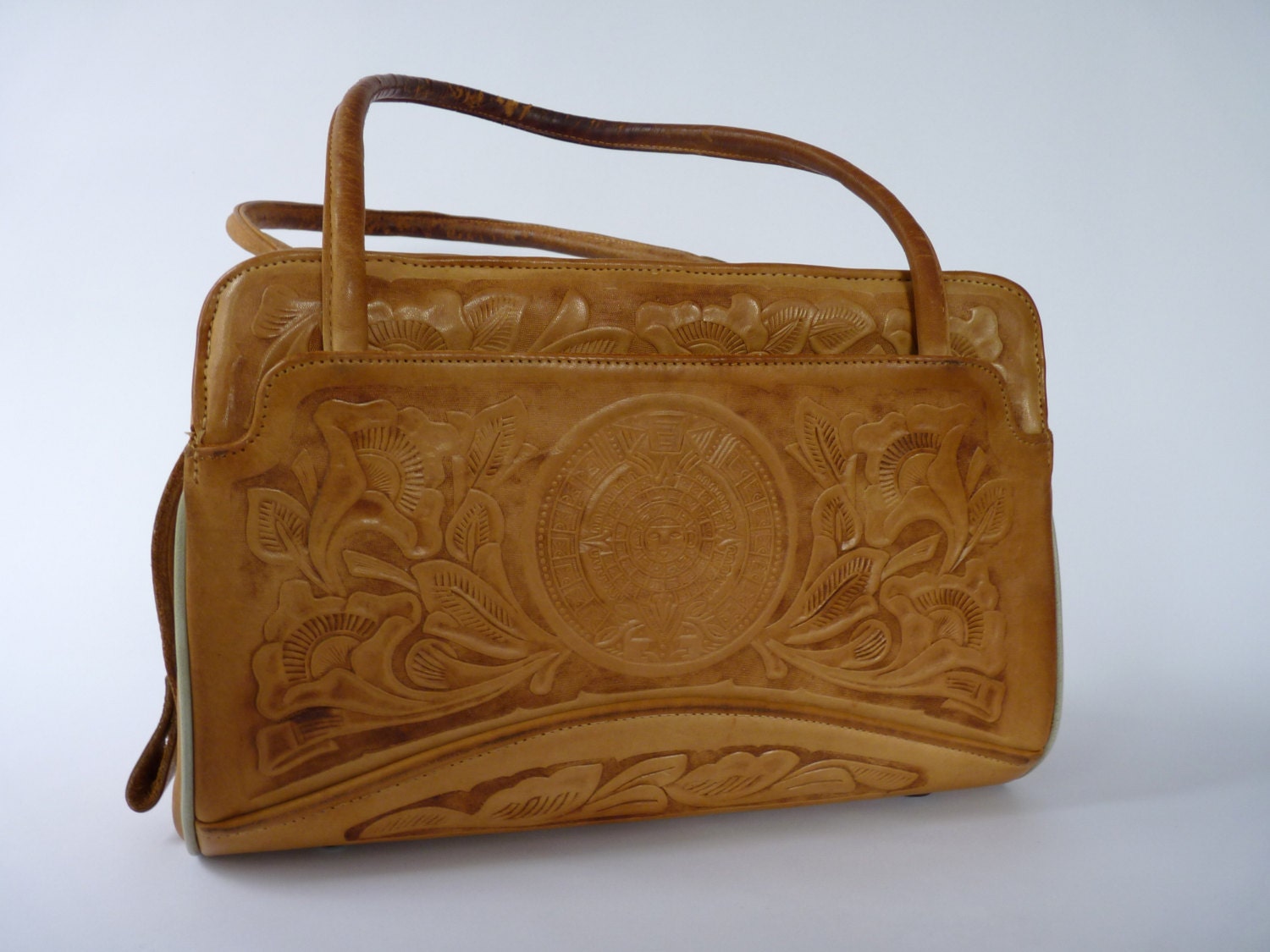 Vintage Tooled Leather Aztec Calendar Bag Purse