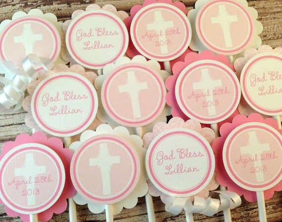 SET of 12 Religious, CROSS Cupcake Toppers for Girls : Baptism, Christening, Communion and More, Damask, Pink Il_570xn