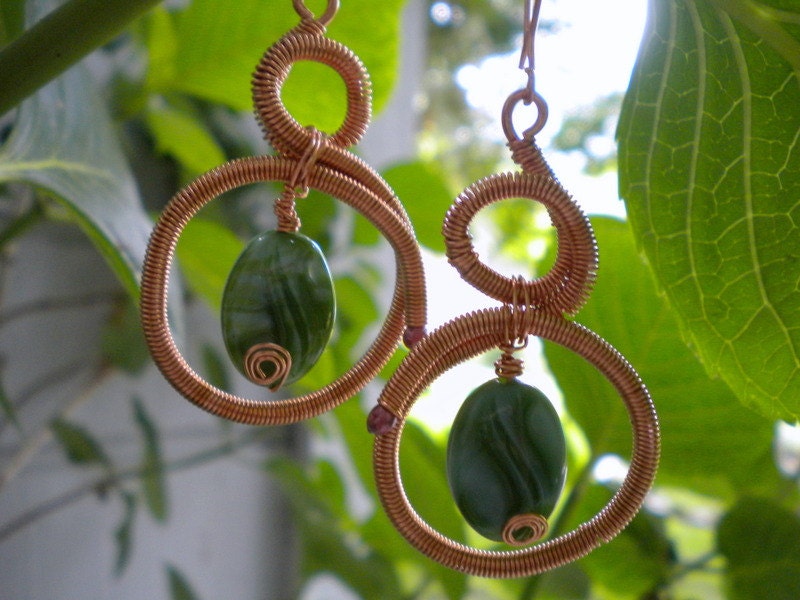 Looped Copper Coiled Earrings with Oblong Green German Vintage Beads