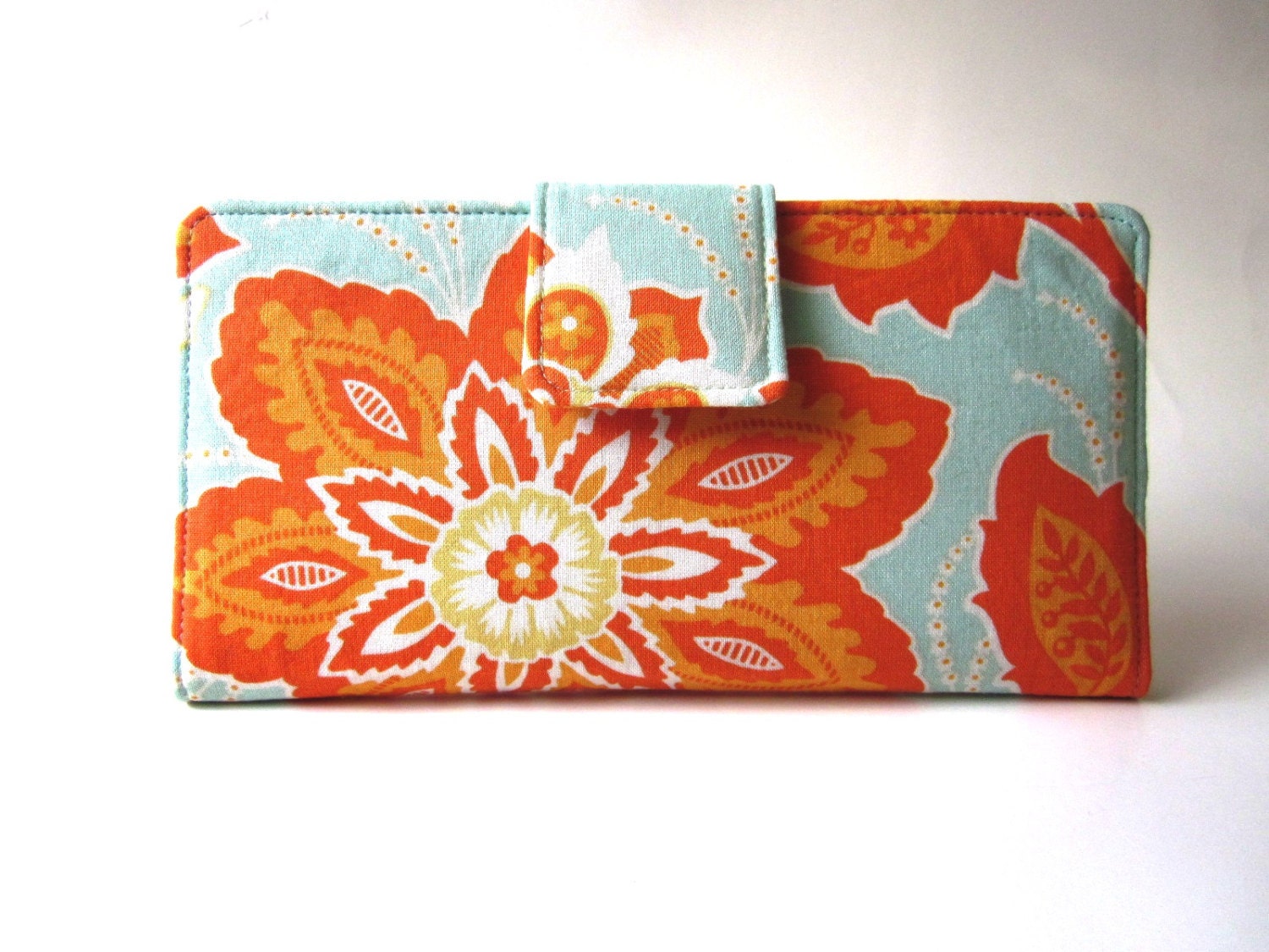 Handmade women wallet large orange flower light aqua floral Ready to ship