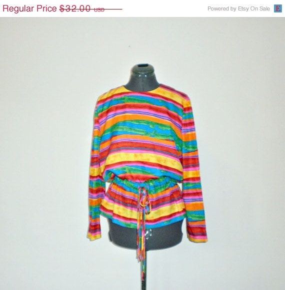 Sale... vintage watercolor silk blouse /  rainbow